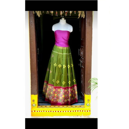 Pochampally Ikkat Mehandi Green Lehenga With Pink Border