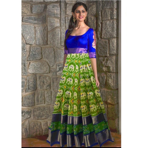Pochampally Ikkat Parrot Green Lehenga With Dark Blue Border
