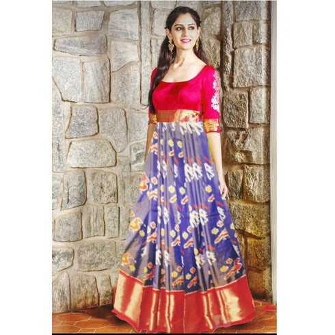 Pochampally Ikkat Dark Blue Color Lehenga With Pink Border