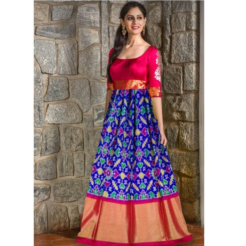Pochampally Ikkat Dark Blue Lehenga With Pink Color Border