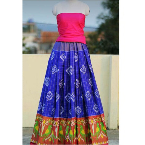Pochampally Ikkatblue With Pink Color Border Lehenga