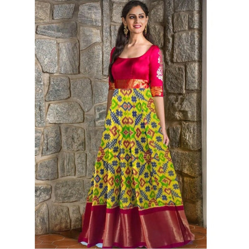 Pochampally Ikkat Yellow With Pink Color Border Lehenga