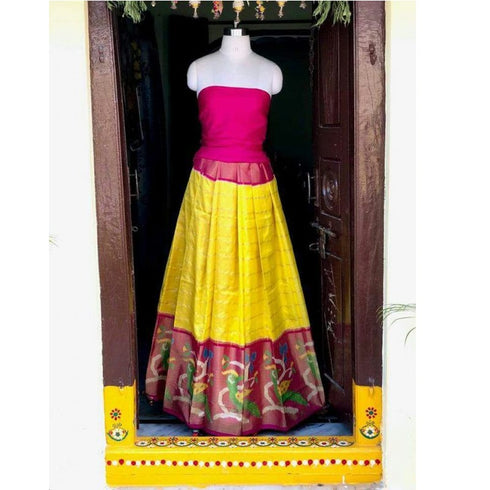 Pochampally Ikkat Yellow Lehenga With Pink Border