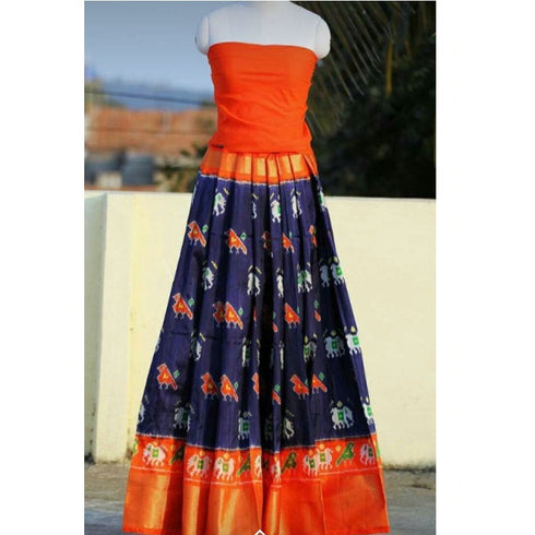 Pochampally Ikkat Dark Blue Color Lehenga With Orange Border