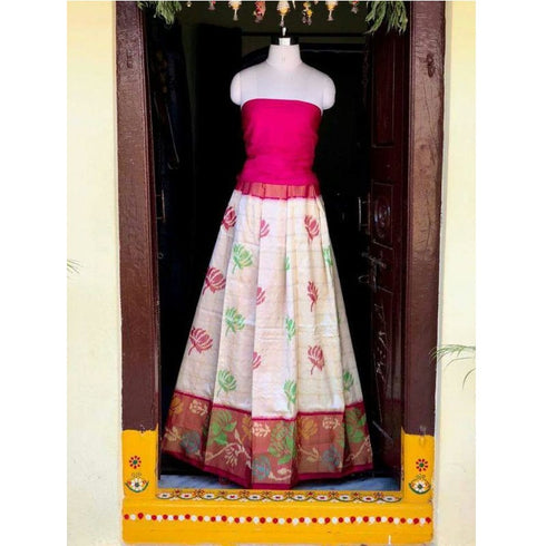 Pochampally Ikkat Cream Lehenga With Orange Border