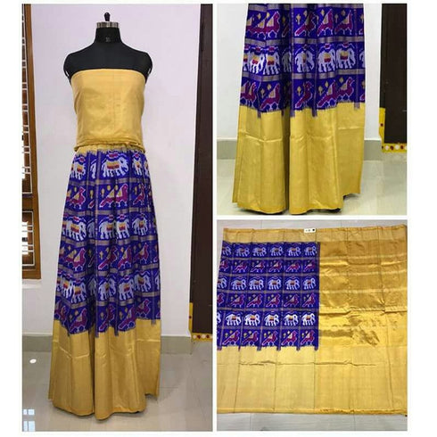 Pochampally Ikkat Dark Blue Lehenga With Gold Border