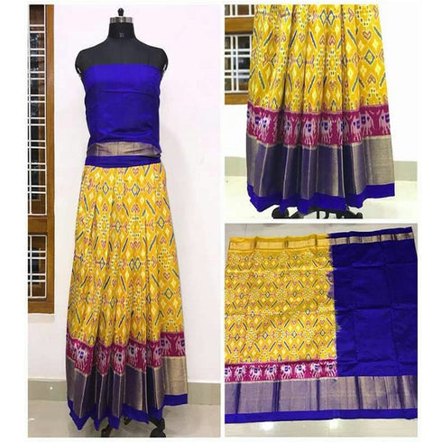 Pochampally Ikkat Yellow Lehenga With Dark Blue Border
