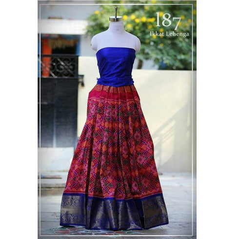 Pochampally Ikkat Pink Lehenga With Dark Blue Border