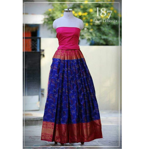 Pochampally Ikkat Dark Blue Lehenga With Pink