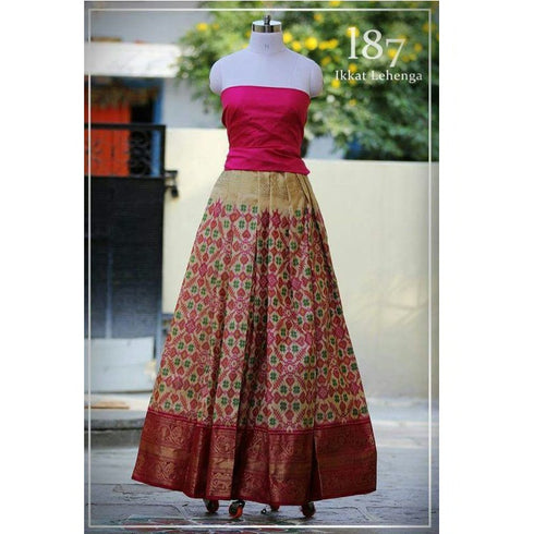 Pochampally Ikkat Cream Lehenga With Pink Border
