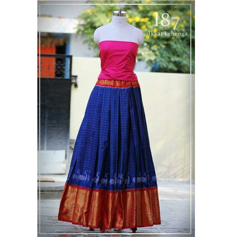 Pochampally Ikkat Darkblue Lehenga With Pink Border