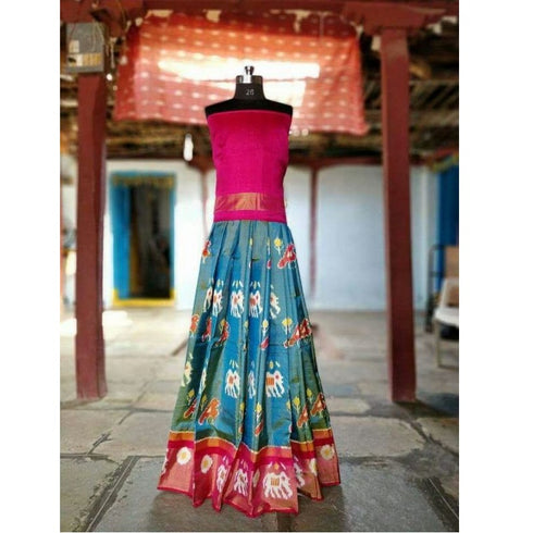 Pochampally Ikkat Sky Blue Lehenga With Pink Border