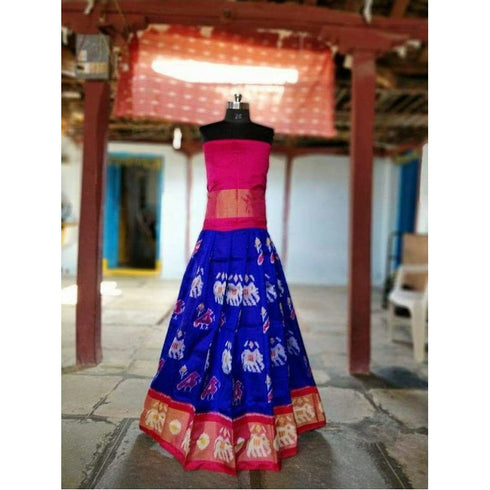 Pochampally Ikkat Dark Blue Lehenga And Pink Color Border