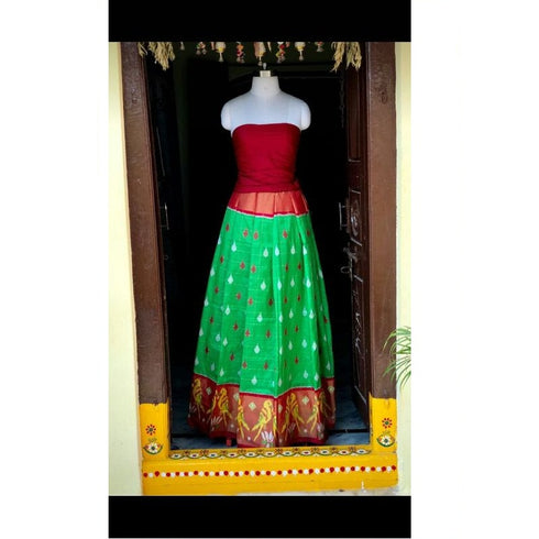 Pochampally Ikkat Green Lehenga With Maroon Border