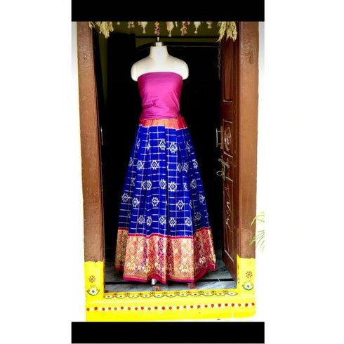 Pochampally Ikkat Dark Blue Lehenga With Border
