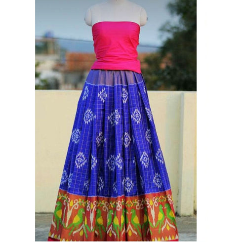 Pochampally Ikkat Dark Blu Lehenga With Pink Border