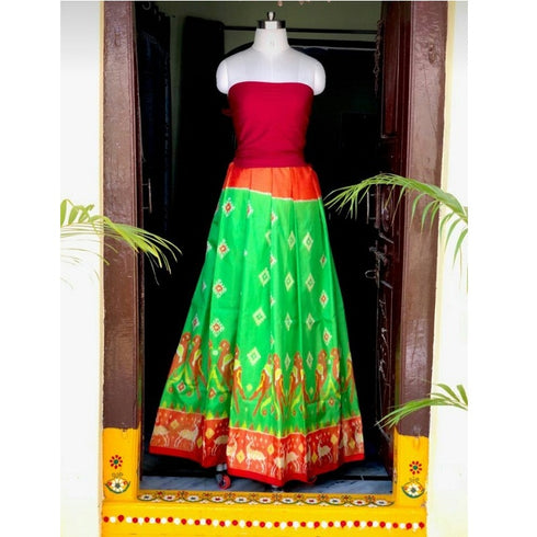 Pochampally Ikkat Silk Green Lehenga With Red Border