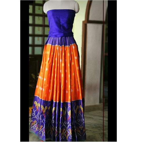 Pochampally Ikkat Silk Orange Lehenga With Pink Color Border