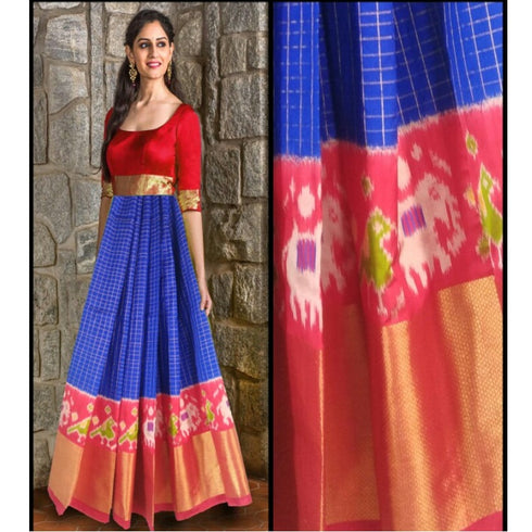 Pochampally Ikkat Dark Blue Lehenga With Red Border