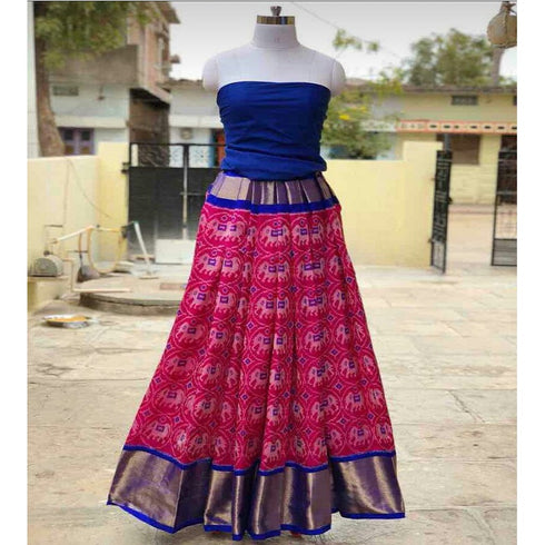 Pochampally Ikkat Pink Lehenga With Blue Border