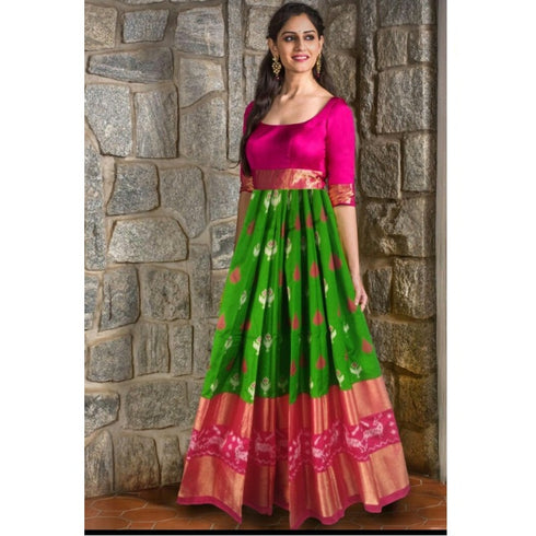 Pochampally Ikkat Parrot Green Lehenga With Pink Border