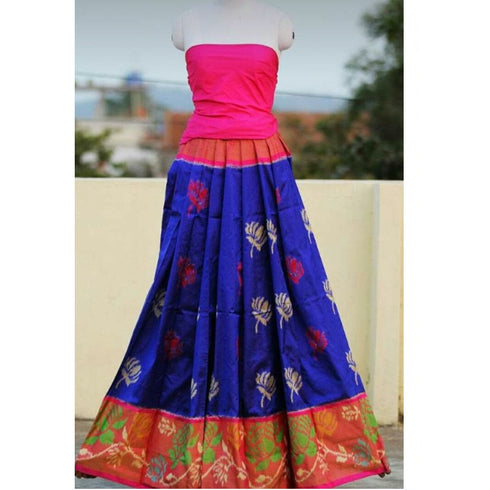 Pochampally Ikkat Silk Dark Blue With Pink Border Lehenga