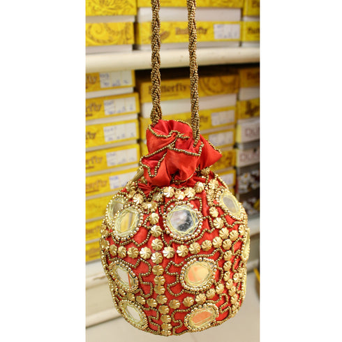 Red Embroider Mirror Work Satin Silk Potli Purse