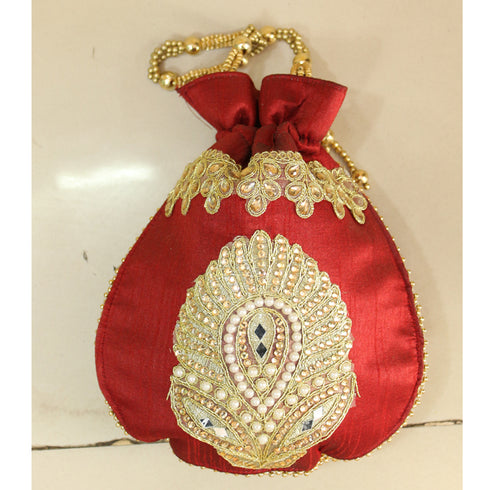 Red Designer Embroider Satin Silk Potli Purse