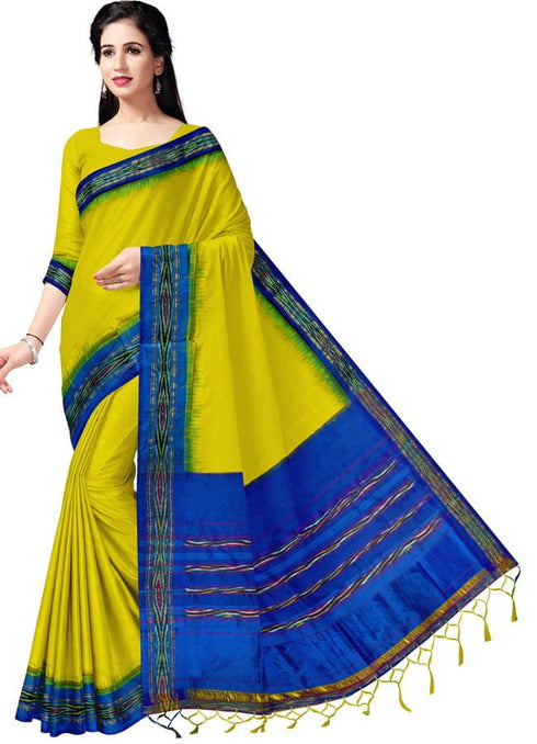 Yellow With Blue Color Ikkat Silk Light Weight Saree