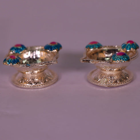 Pure Silver Fancy Diya Pair With Blue Flowers 20g