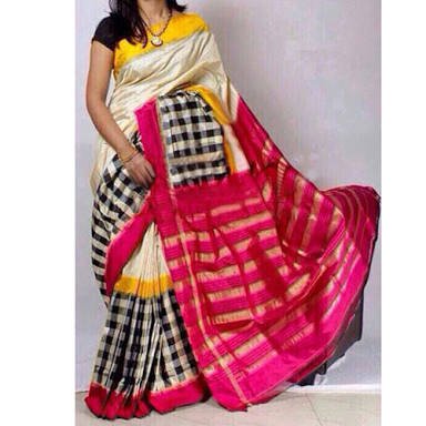 Ikkat Designer Checked Cream Color Saree