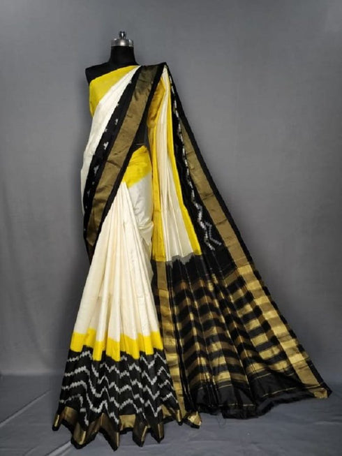 Ikkat Cream With Black Color Designer Silk Saree