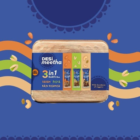 Go Desi 3-in-1 Barfi Gift Box Desi Meetha | Jaggery Coconut & Dry-fruits Barfis
