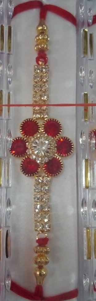 Red Floral Studded Stones Rakhi - 200gms