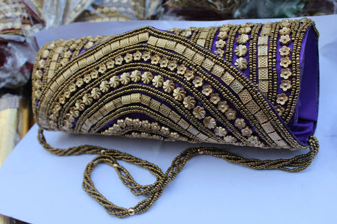 Purple Ladies Purse With Golden Color Moti Beads Design - 300gms