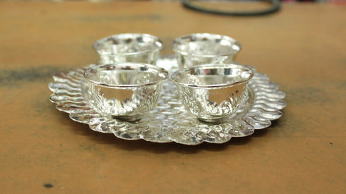 German Silver 4 Bharine Set With Plate - 300gms
