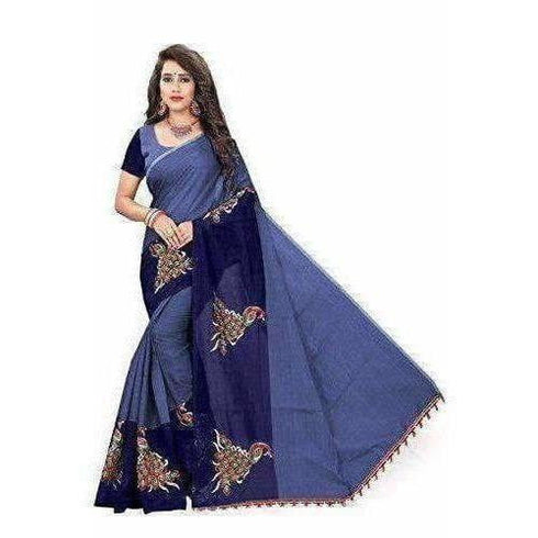 Navy Blue - Chanderi Cotton Saree with unstiched Blouse Piece
