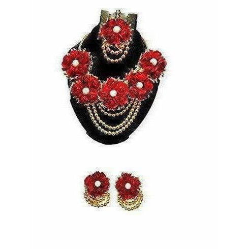Red and Gold - Plastic, Floral and Pearl Jewelry Set