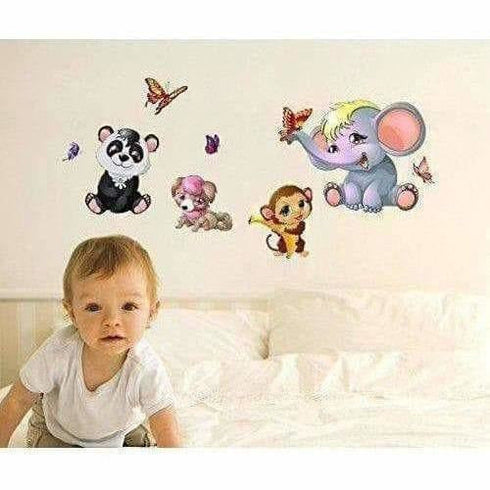 Animals Cute Side Including Butterflies Monkey Elephant Wall Sticker - Multi color