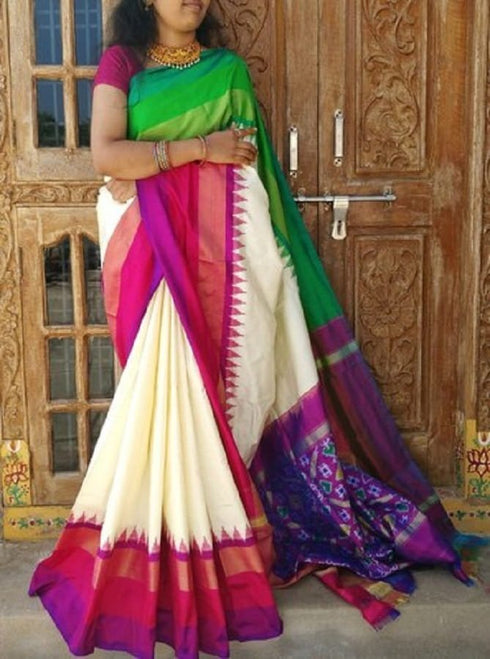 Ikkat Cream With Green And Purple Color Silk Saree