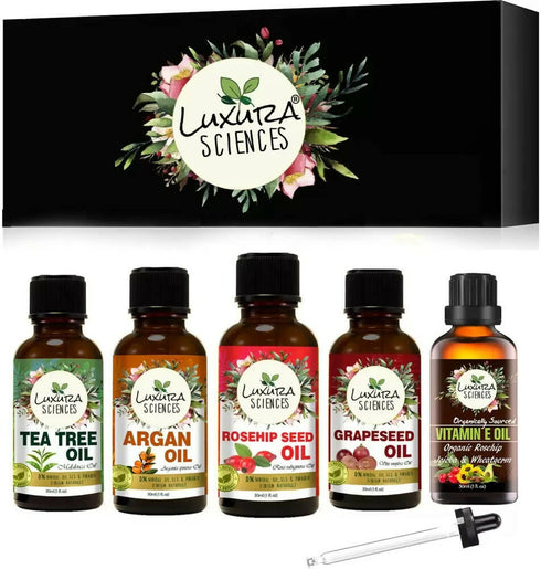 Luxura Sciences Organic Essential Oils for Skin Health | Rosehip Seed Oil Argan Oil Tea Tree Oil Grape Seed Oil Vitamin E