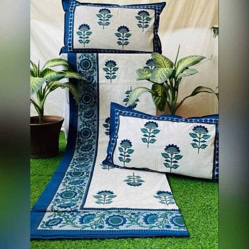 Clovers & Crafts Timeless Double Bedsheet With Two Pillow Covers - Blue
