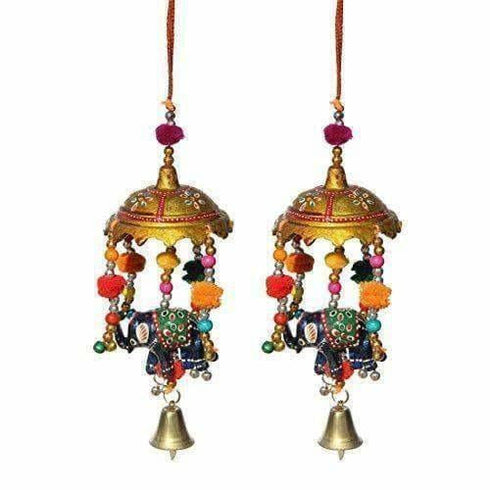 Handicrafts Paradise Umbrella with Elephant Painted and Metal Bell Paper Mache Door Hanging (7.65 cm x 7.65 cm x 22.95 cm, Set of 2)