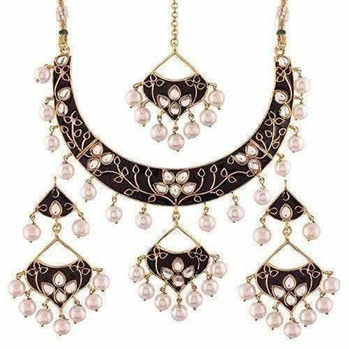 Gold Plated Kundan Meenakari Black Color Necklace Jewellery Set