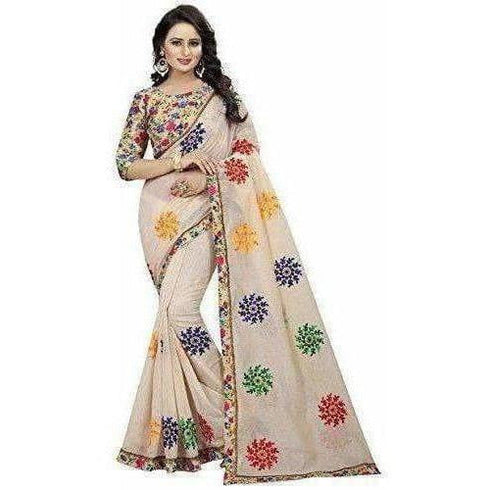 Off - White Chanderi Cotton Embroidered Saree with Blouse Piece