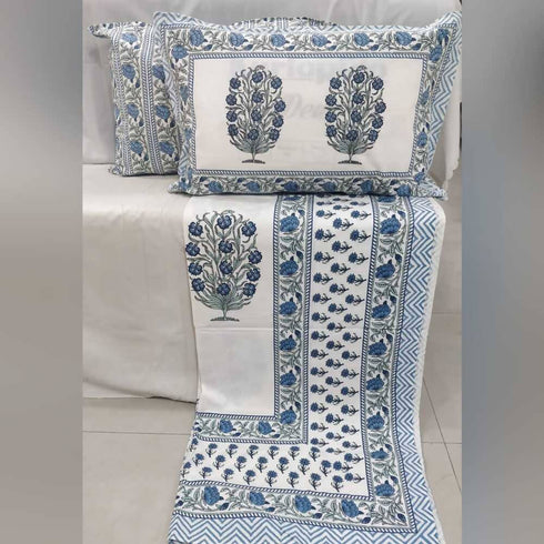 Clovers & Crafts Double Bedsheet With Two Pillow Covers - Atrangz Blue