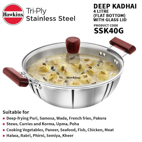 Hawkins Triply Stainless Steel Kadhai 28 cm Diameter with Lid 4 L (SSK40G)