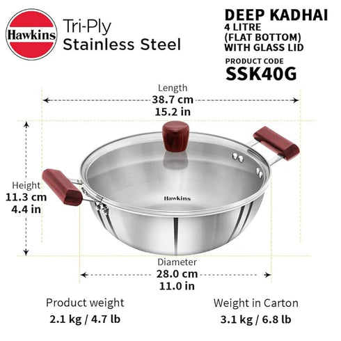 Hawkins Triply Stainless Steel Kadhai 28 cm Diameter with Lid 4 L (SSK40G)
