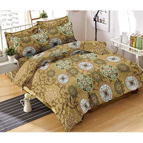 Abstract Motif Yellow Printed King Double Fitted Bed Sheet with 2 Pillow Covers