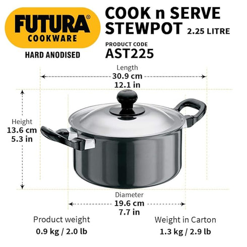 Hawkins Futura Hard Anodized Cook-n-Serve Stewpot 2.25 L with Lid (AST225)